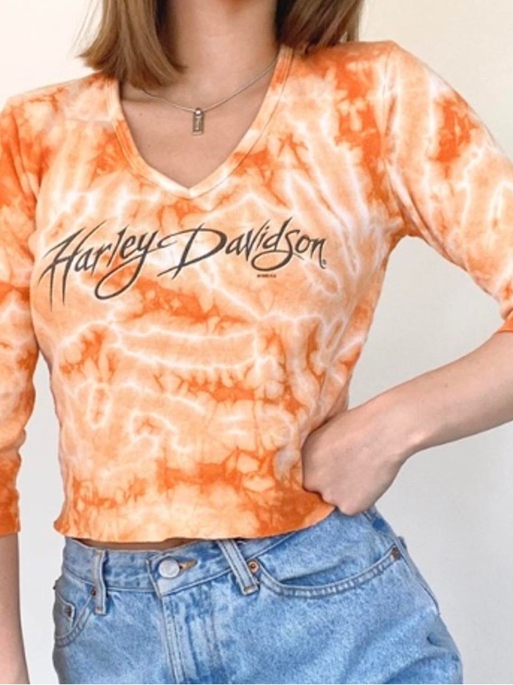 vintage Harley-Davidson women's orange tie-dye V-neck fitted 3/4 sleeve shirt XL